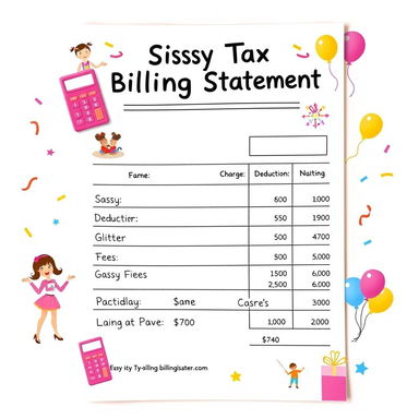 An amusing and colorful billing statement designed to appear playful, featuring a whimsical layout with the title 'Sissy Tax Billing Statement' prominently displayed at the top