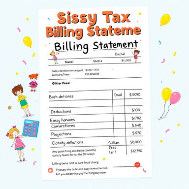An amusing and colorful billing statement designed to appear playful, featuring a whimsical layout with the title 'Sissy Tax Billing Statement' prominently displayed at the top