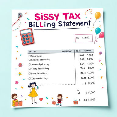 An amusing and colorful billing statement designed to appear playful, featuring a whimsical layout with the title 'Sissy Tax Billing Statement' prominently displayed at the top