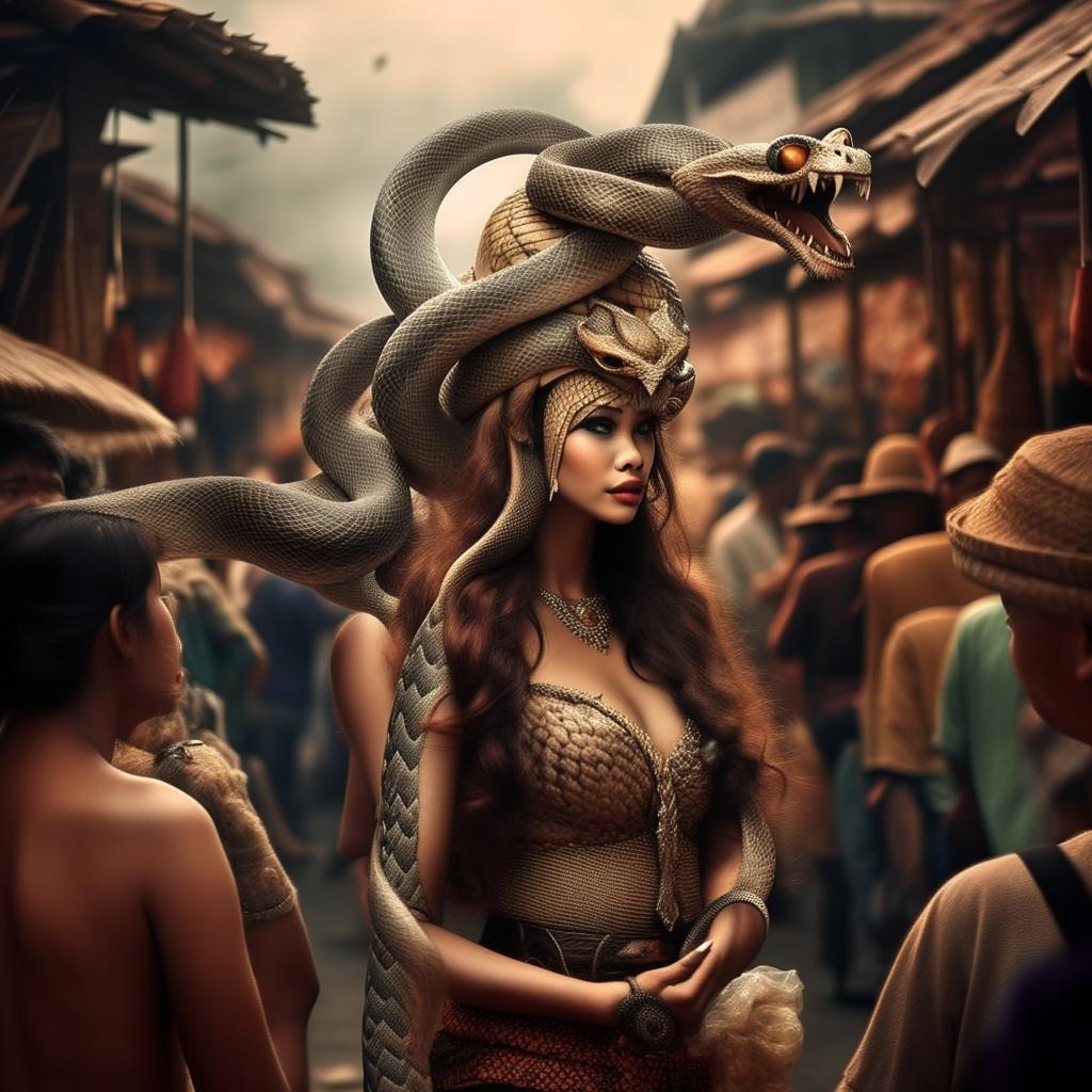 A beautiful woman with the body of a snake drawing a crowd at a traditional Indonesian market, set against a fantasy world backdrop.