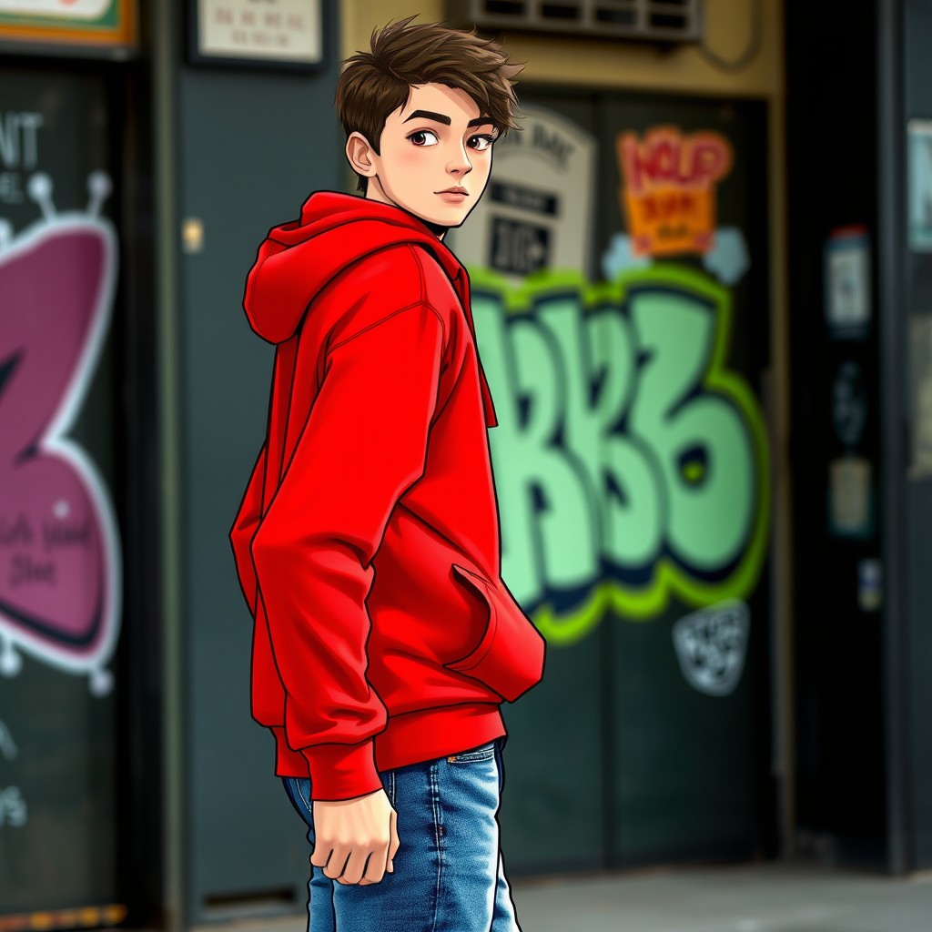 A character wearing a bright red hoodie and blue jeans, positioned sideways with their head turned to look sideways