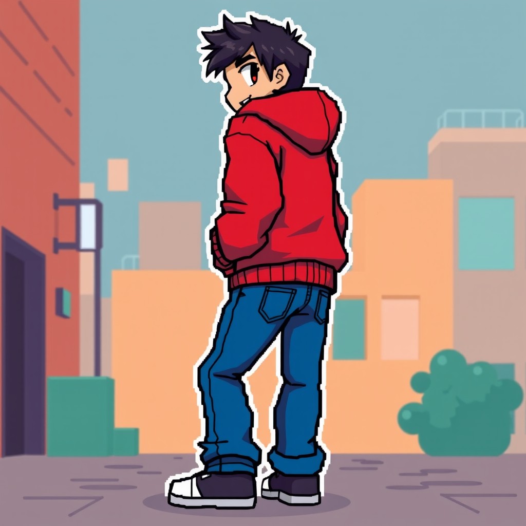 A pixel art character wearing a red hoodie and blue jeans, positioned sideways with their head turned to look sideways