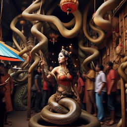 A beautiful woman with the body of a snake drawing a crowd at a traditional Indonesian market, set against a fantasy world backdrop.