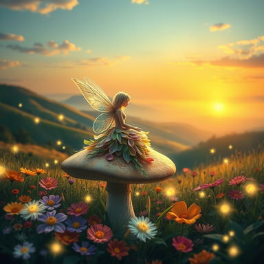 A serene and tranquil nature scene featuring a picturesque landscape with rolling hills and a sunset in the background