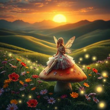A serene and tranquil nature scene featuring a picturesque landscape with rolling hills and a sunset in the background