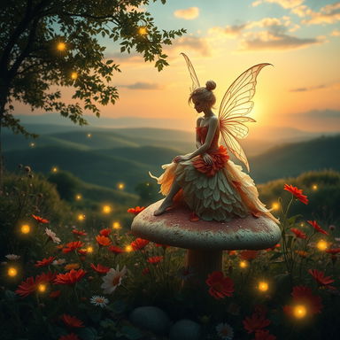 A serene and tranquil nature scene featuring a picturesque landscape with rolling hills and a sunset in the background