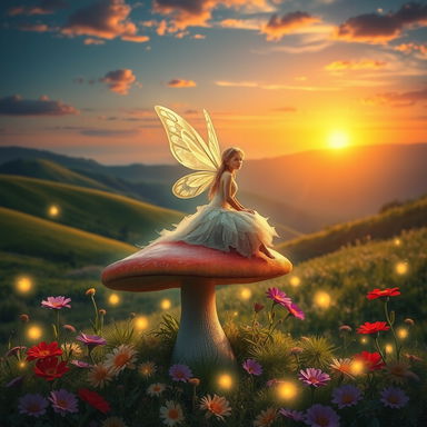 A serene and tranquil nature scene featuring a picturesque landscape with rolling hills and a sunset in the background