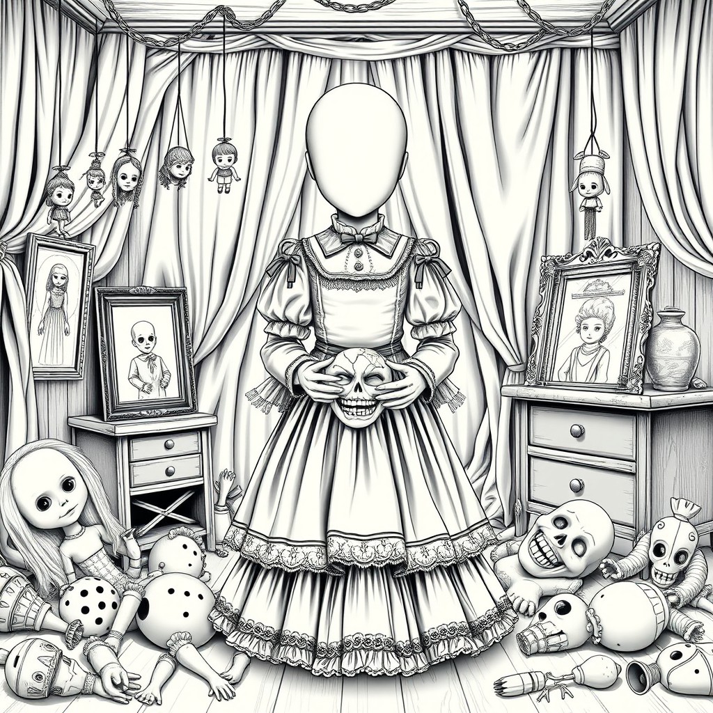 A haunting faceless doll stands eerily in the center of an old nursery, wearing an elegant and highly detailed Victorian dress adorned with delicate lace and bows