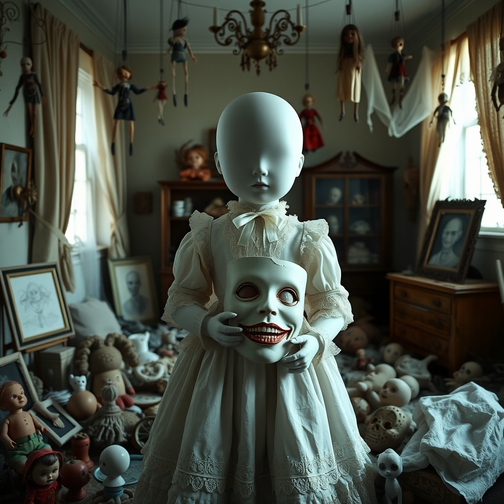 A haunting faceless doll stands in the middle of an old nursery, wearing an elegant and detailed Victorian dress adorned with intricate lace and delicate bows