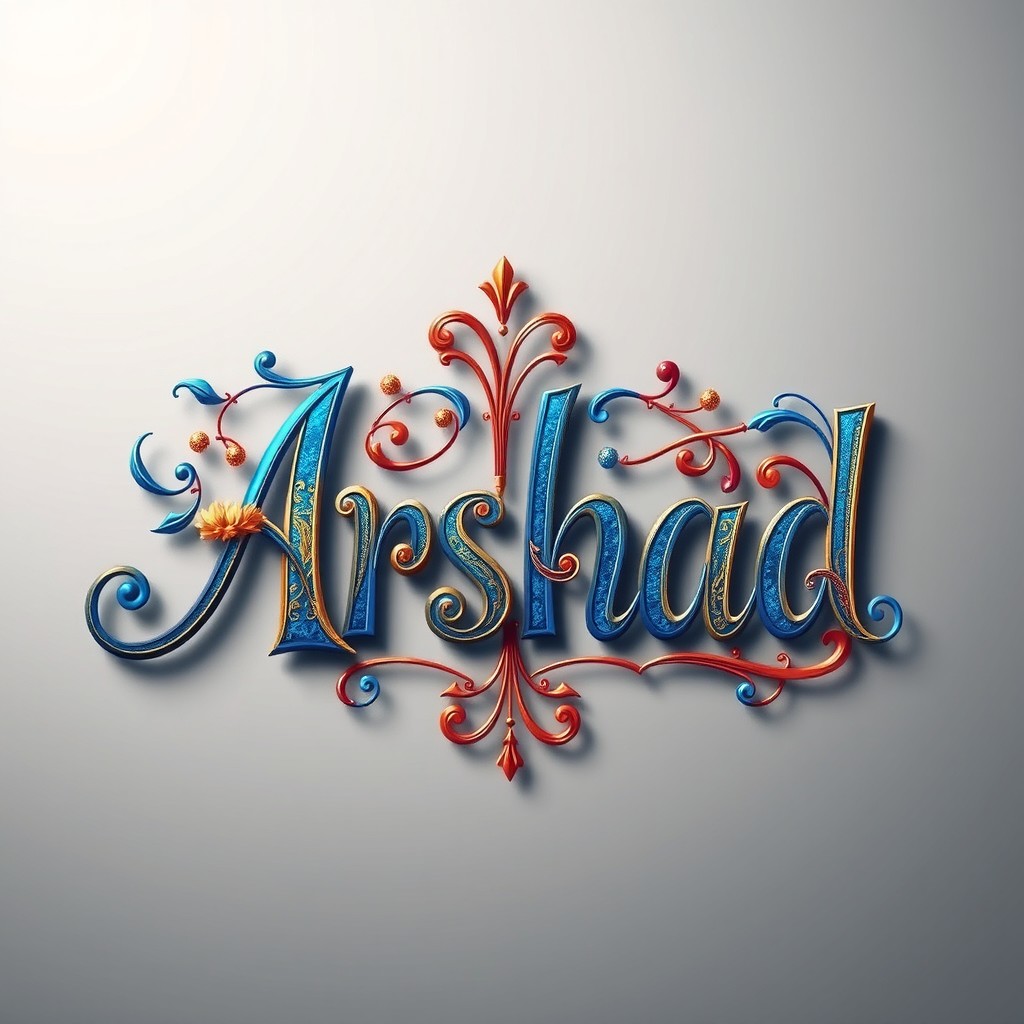 The name "Arshad" rendered in an artistic style, featuring elaborate calligraphy with a blend of vibrant colors like blue, gold, and red