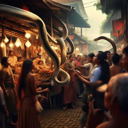 A beautiful woman with the body of a snake drawing a crowd at a traditional Indonesian market, set against a fantasy world backdrop.