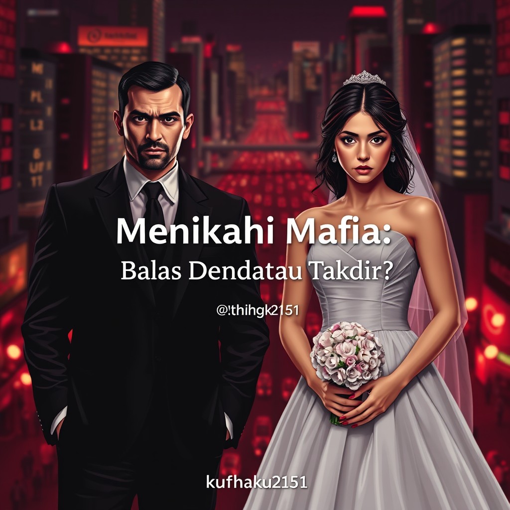 A handsome mafia man in a sharp black suit standing coldly, and a young woman wearing a white wedding dress with a worried expression
