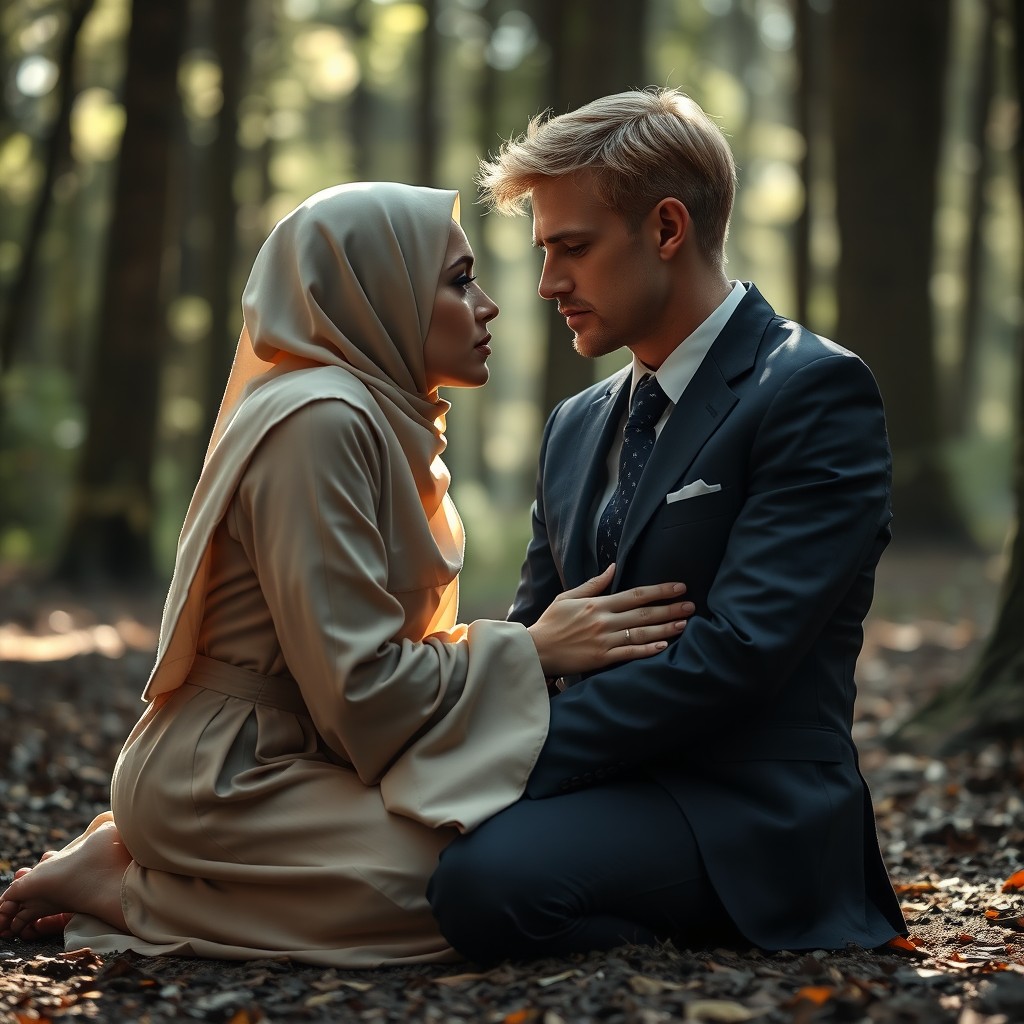 A poignant scene showing a beautiful girl kneeling in elegance, wearing a soft beige hijab that frames her face delicately, tears streaming down her cheeks as she holds her blond lover in his final moments