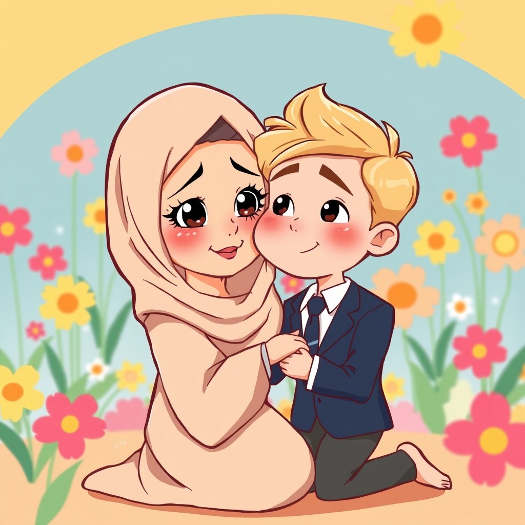 A cartoon-style illustration depicting a beautiful girl kneeling in a vibrant, colorful scene, wearing a soft beige hijab that frames her face
