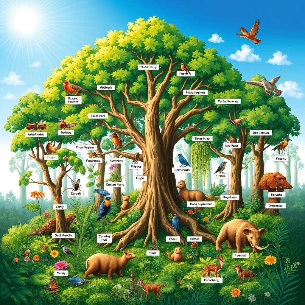 A detailed illustration of various biological processes occurring within a vibrant ecosystem