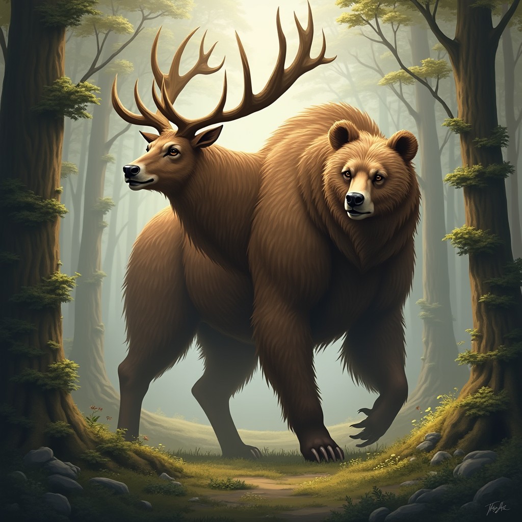 A mythical creature featuring two heads: one of a majestic deer with its graceful antlers and gentle eyes, and the other of a powerful bear with a thick, muscled build and a fierce expression