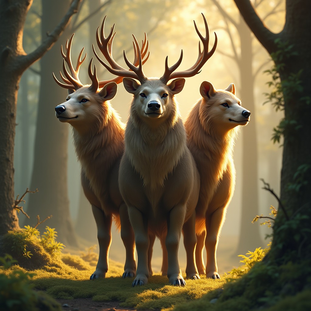 A mythical creature with three heads: one head of a majestic deer with elegant antlers, a second head of a powerful bear with a fierce expression, and a third head that combines elements of both, showcasing a unique blend of gentleness and strength