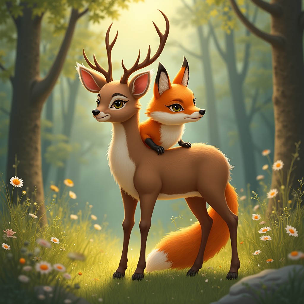 A fantastical creature featuring two heads: one head of a graceful deer with soft brown fur and elegant antlers, and the other head of a clever fox with bright orange fur and sharp, inquisitive eyes