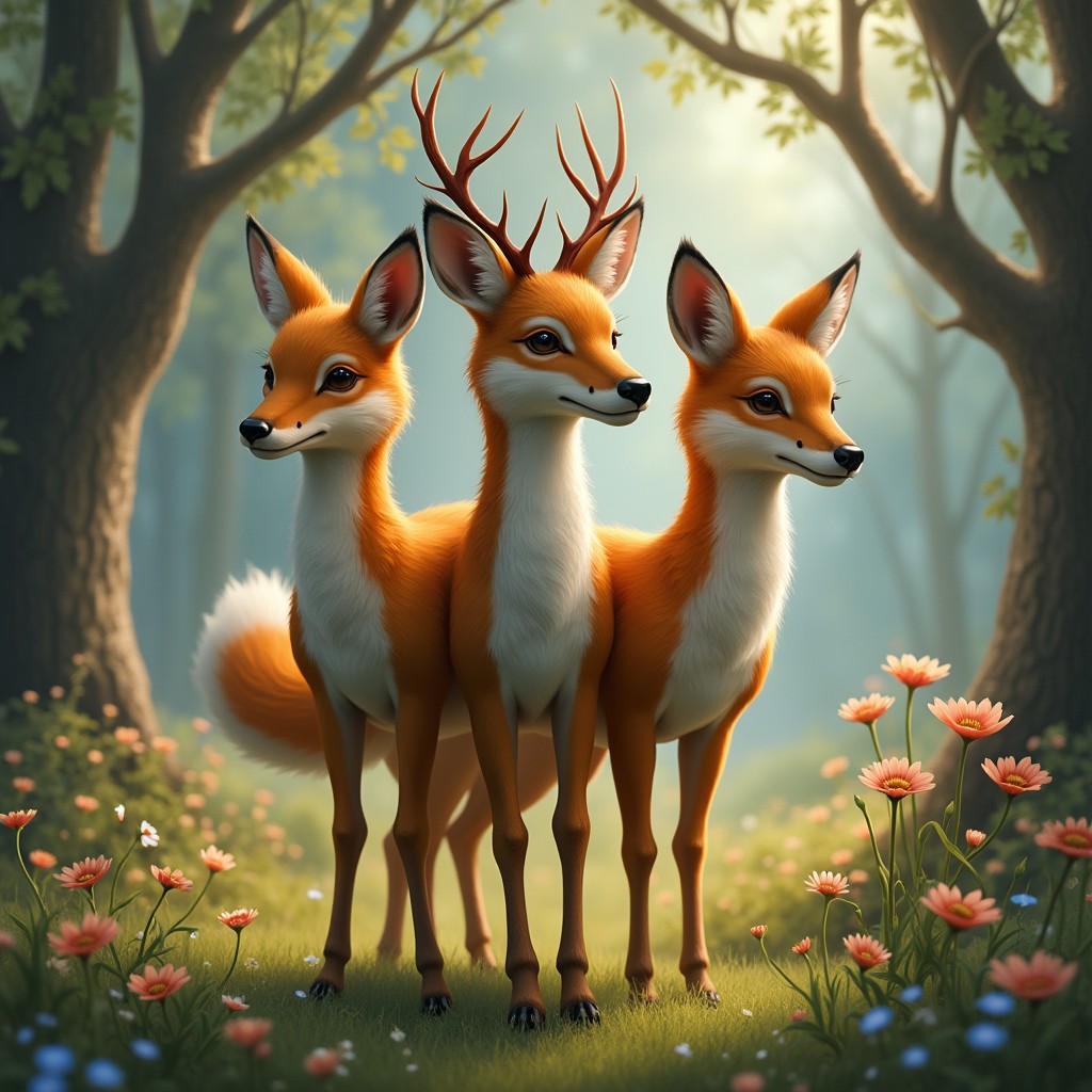 An enchanting creature featuring three heads: one head of a graceful deer with delicate antlers, one cunning fox head with sharp features and vibrant orange fur, and a third head that uniquely combines the attributes of both animals, showcasing a blend of elegance and slyness