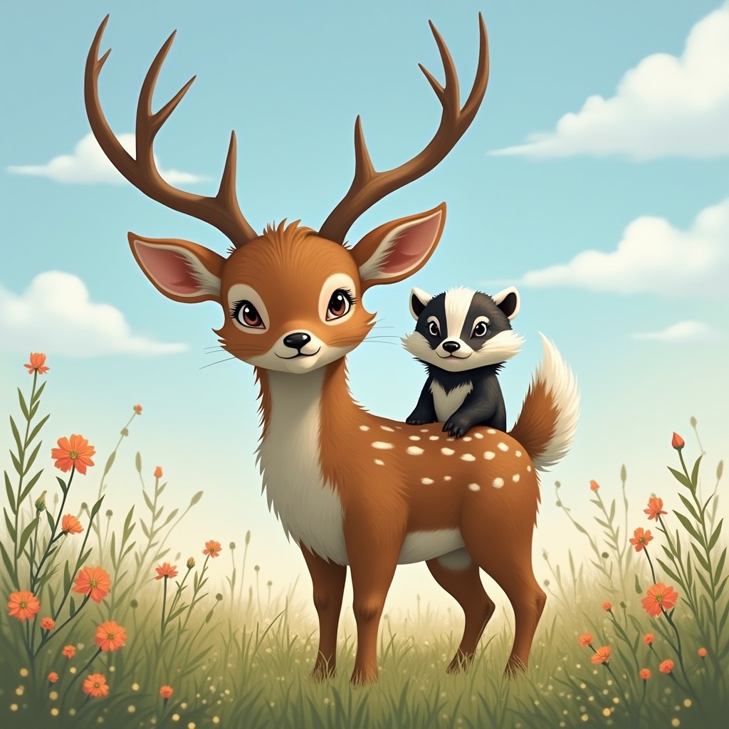 A whimsical creature combining the features of a deer and a badger, featuring two heads: one a graceful deer with delicate antlers and soft, gentle eyes, and the other a stout badger with its distinctive black and white stripes and a curious expression