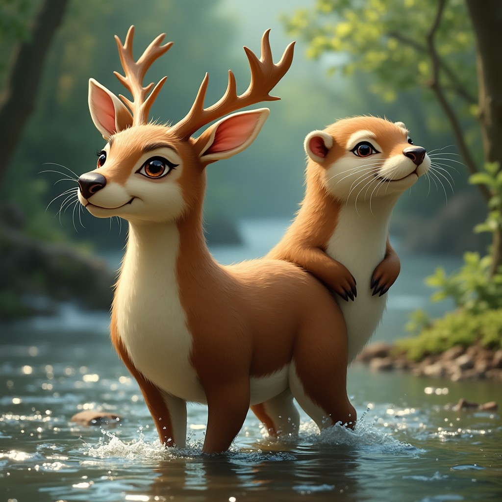 A whimsical creature featuring two heads: one of a graceful deer with elegant antlers and soft, gentle eyes, and the other of a playful otter with a curious expression and a sleek body