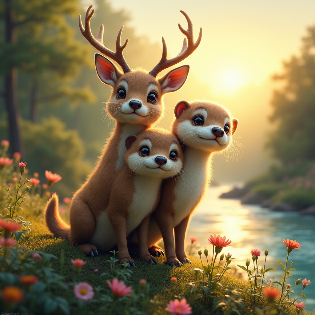 A whimsical creature featuring three heads: one head of a graceful deer adorned with elegant antlers, a playful otter head showcasing its cute, rounded features and bright eyes, and a third head that creatively fuses elements from both animals, displaying a blend of softness and playfulness