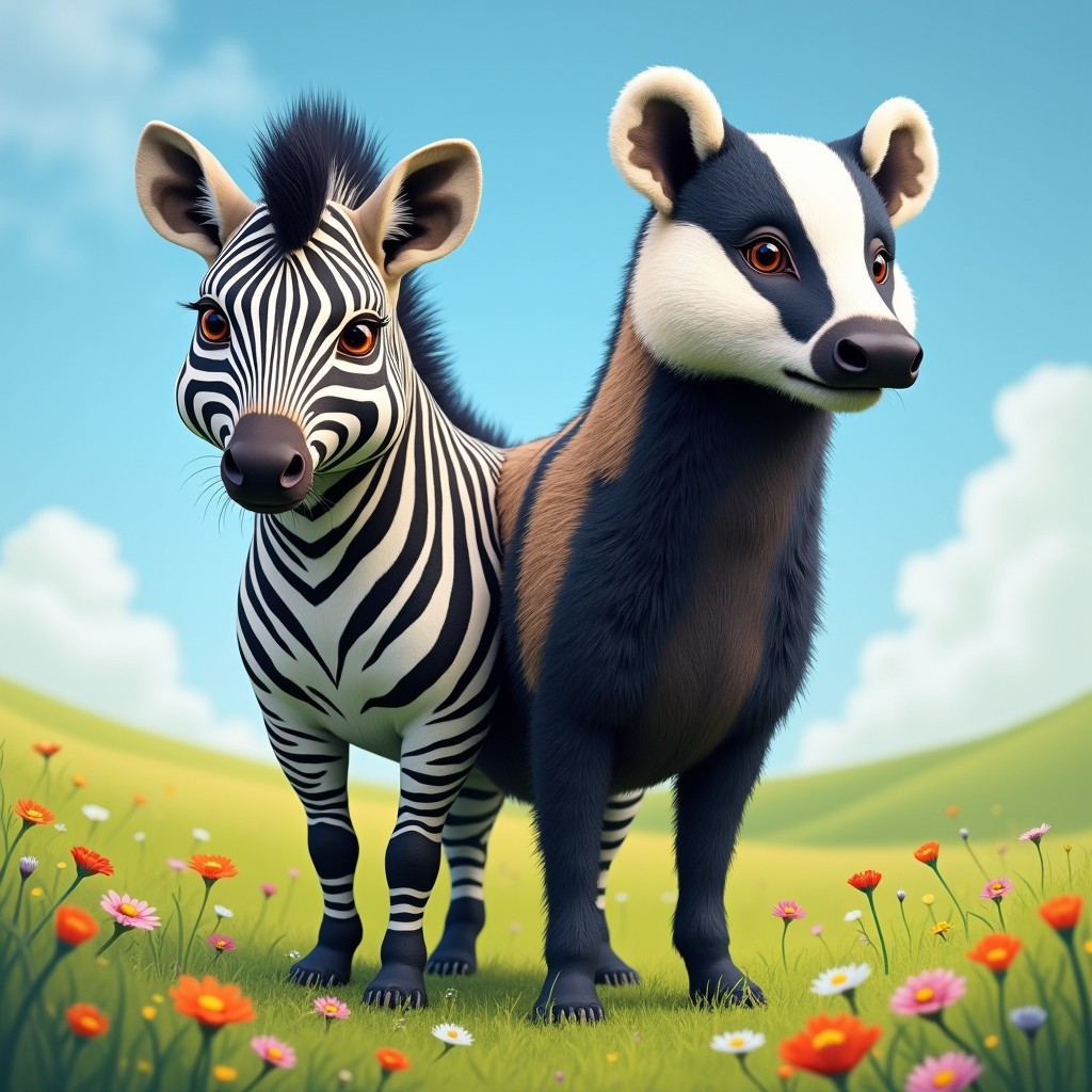 A fantastical creature with two heads: one head resembling a striking zebra, complete with characteristic black and white stripes and large, expressive eyes, and the other head of a badger, showcasing its distinctive facial markings and stout build