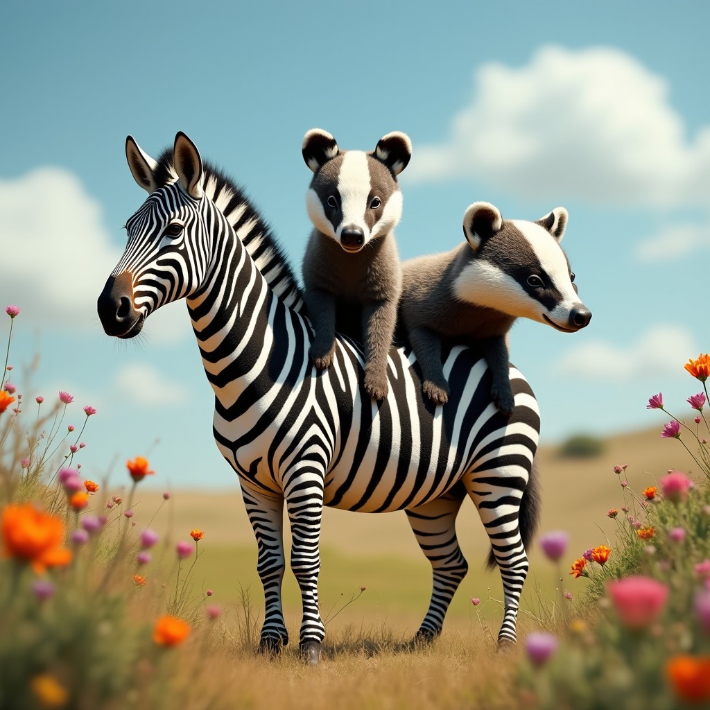 A fantastical creature with three heads: one head of a striking zebra, displaying its bold black and white stripes, another head of a sturdy badger with a cute, yet fierce expression, and a third head that creatively merges features from both animals, showcasing a unique combination of their characteristics