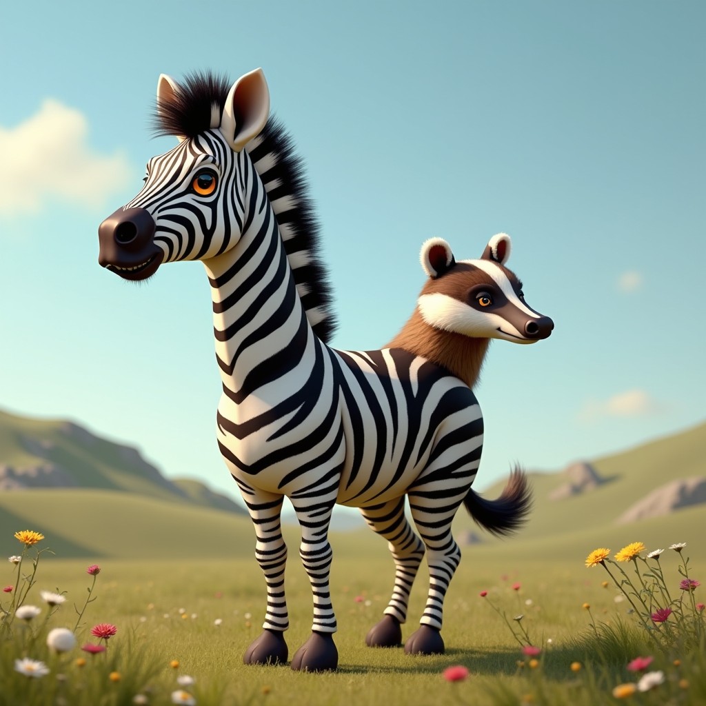 A whimsical creature featuring two heads: one head of a striking zebra with bold black and white stripes and soulful eyes, and the other head of a tenacious badger with a snout and sharp features