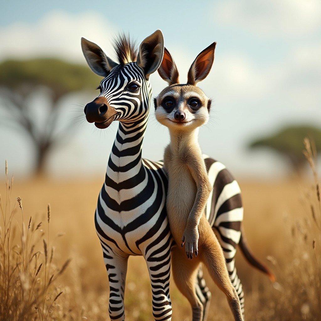 A whimsical creature with two heads: one head of a striking zebra, complete with bold black and white stripes and expressive eyes, and the second head of an alert meerkat, showcasing its curious demeanor and large ears