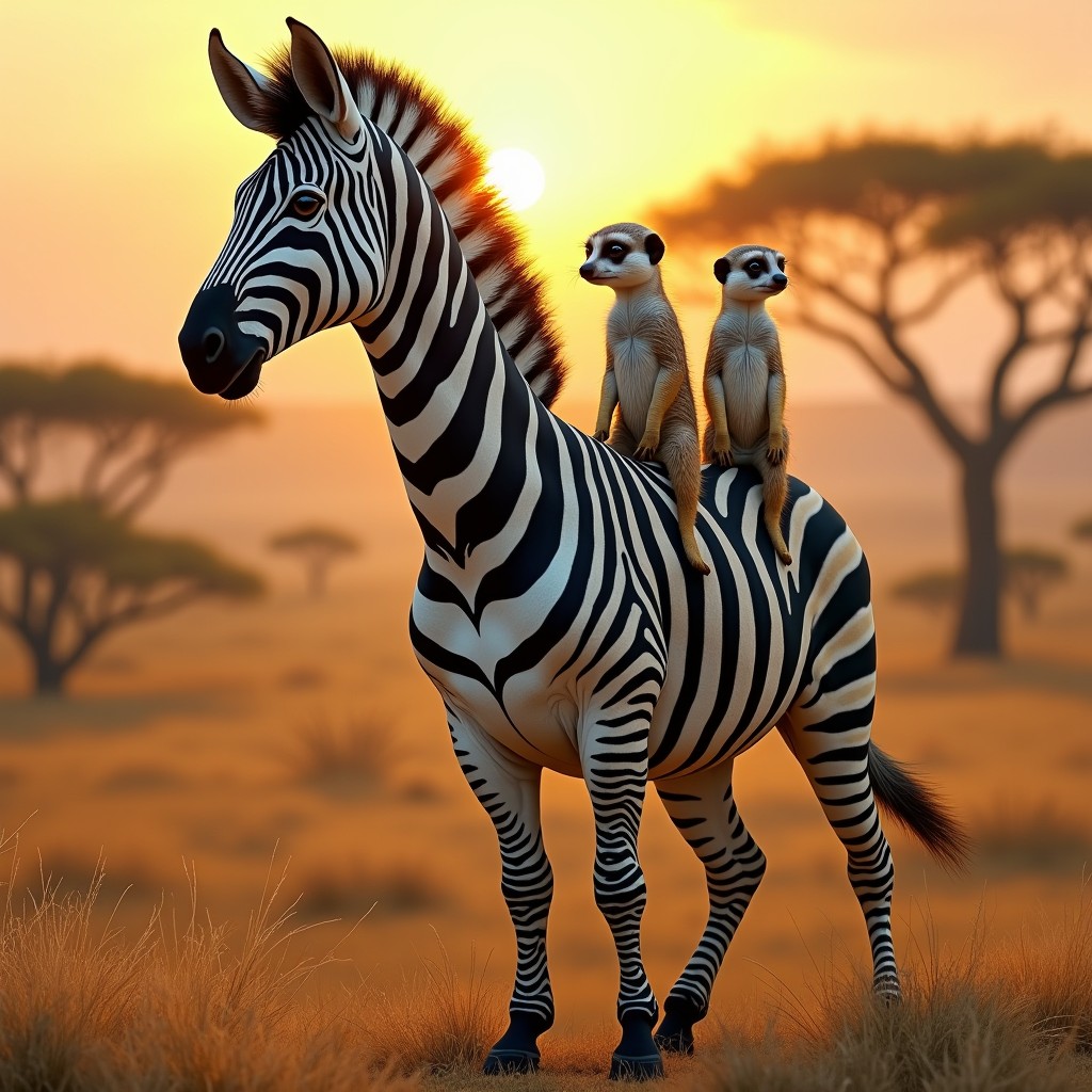 An imaginative creature with three heads: one head of a striking zebra adorned with bold black and white stripes, another head of a curious meerkat with bright eyes and an inquisitive expression, and a third head that creatively merges features from both animals, showcasing a unique blend of stripes and playful attitude