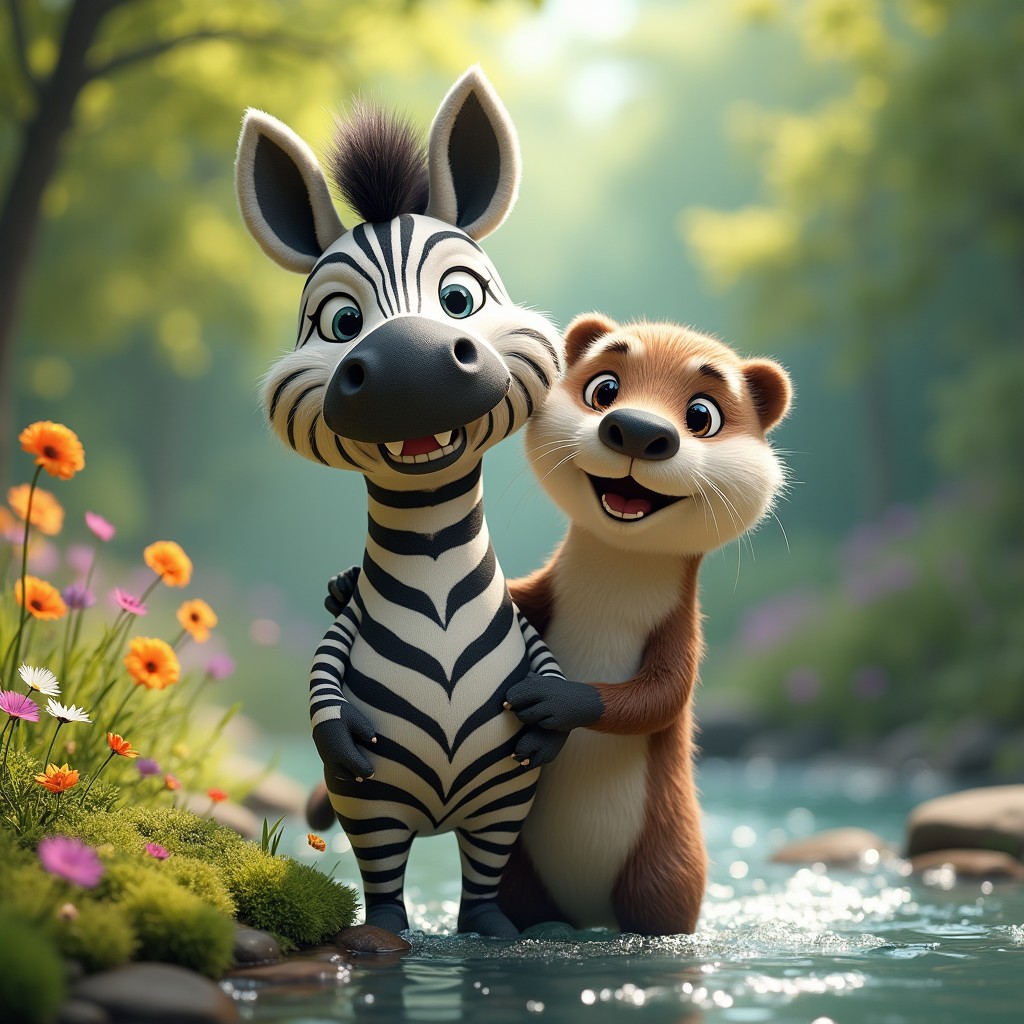 A whimsical creature featuring two heads: one head of a striking zebra with its iconic black and white stripes and expressive eyes, and the other head of an adorable otter with a cheerful smile and sleek fur