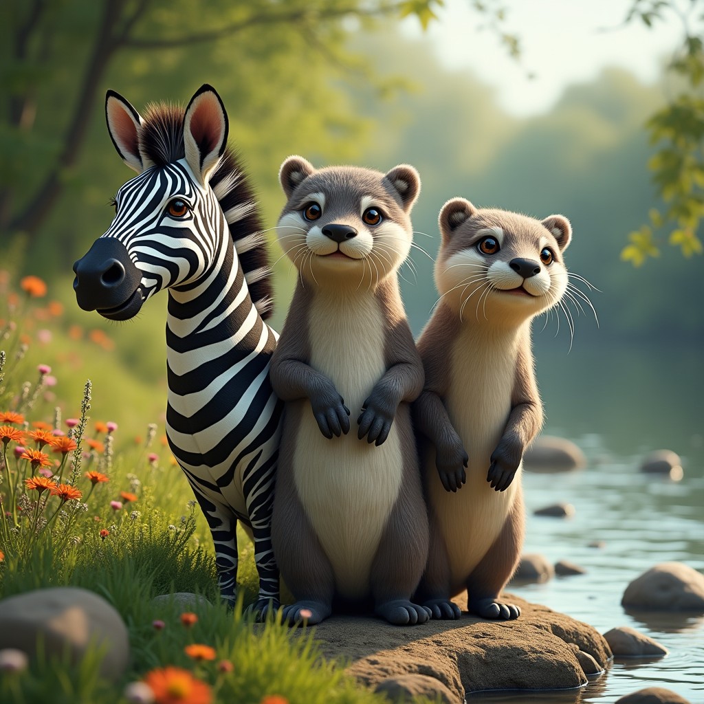 A fantastical creature featuring three heads: one of a striking zebra with bold black and white stripes and expressive eyes, one of a playful otter with a sleek body and a cheerful expression, and a third head that creatively blends the characteristics of both, showcasing unique striped patterns alongside the otter's playful features