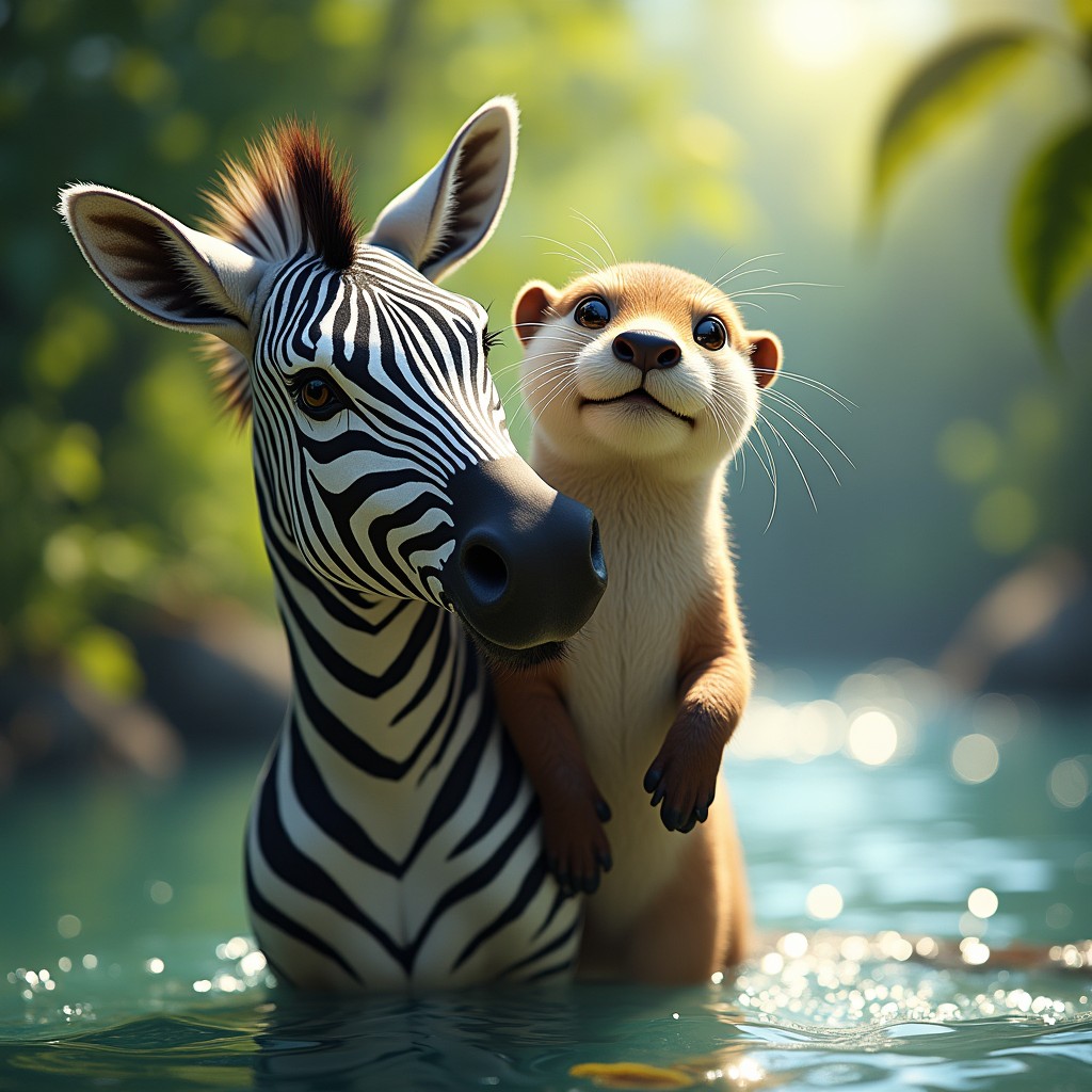 A whimsical creature featuring two heads: one of a striking zebra with its bold black and white stripes and expressive eyes, and the other of a playful otter showcasing its soft fur and playful demeanor