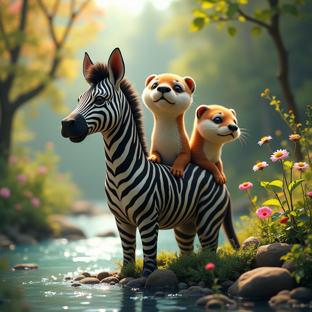 A fantastical creature with three heads: one head resembling a vibrant zebra, complete with striking black and white stripes and expressive eyes; a second head of a playful otter, known for its rounded features and cute smile; and a third head that creatively combines elements from both animals, showcasing a whimsical blend of stripes and fur