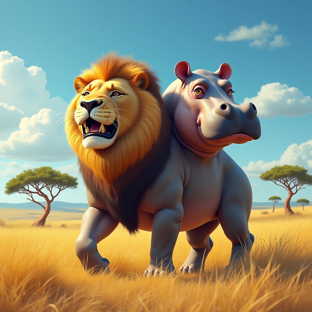 A fantastical creature with two heads: one head resembling a powerful lion with a majestic mane and fierce expression, and the other head of a large and gentle hippopotamus, showcasing its rounded features and wide smile
