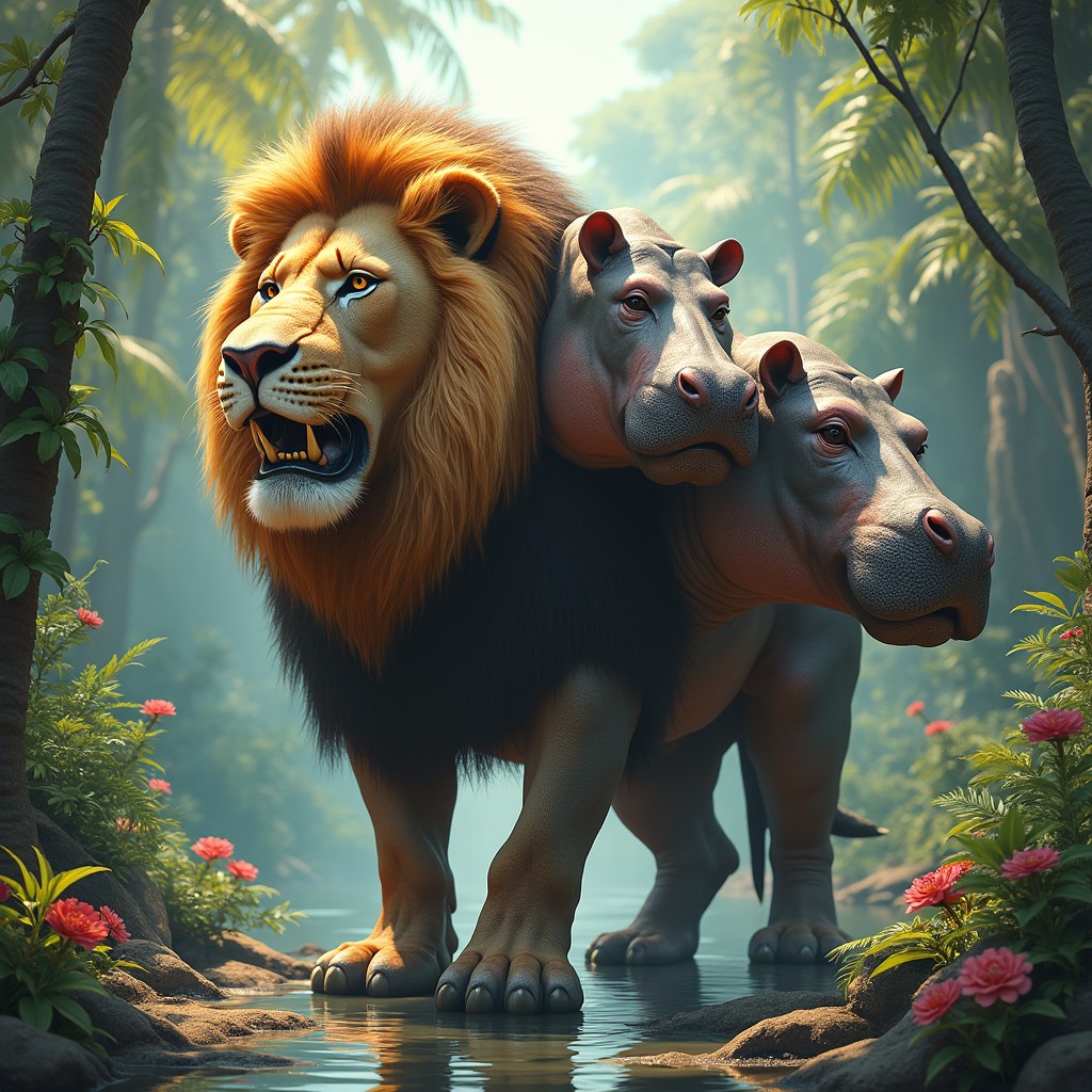An imaginative creature with three heads: one head of a powerful lion with a majestic mane, fierce golden eyes, and sharp fangs; another head of a large hippopotamus with its unique rounded features, large mouth, and thick skin; and a third head that creatively combines elements from both animals, showcasing a captivating blend of traits