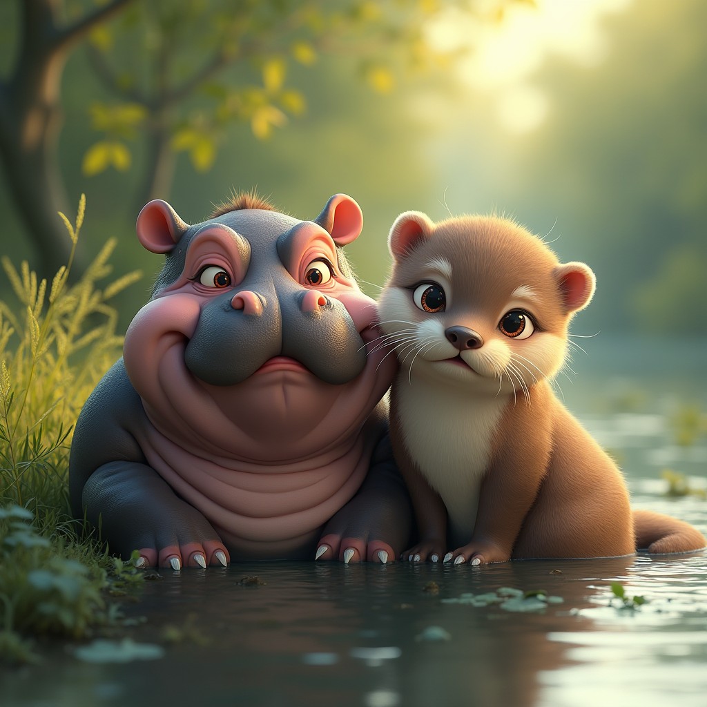 A charming creature with two heads: one head of a large, bulky hippopotamus characterized by its massive jaws and playful expression, and the other head of a sleek otter with adorable features and bright, curious eyes