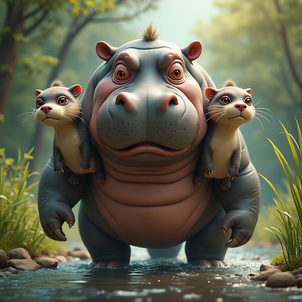 A fantastical creature with three heads: one head of a massive hippo with large, expressive eyes and a broad mouth, another head of a playful otter with a sleek, streamlined face and cheerful demeanor, and a third head that creatively combines features of both animals, showcasing the hippo's robustness and the otter's agility