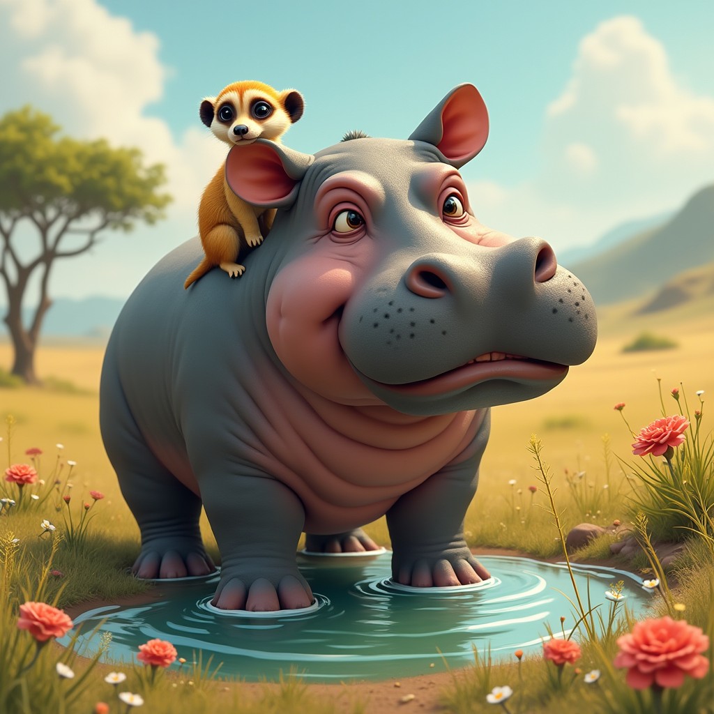 A fantastical creature featuring two heads: one head of a large, sturdy hippopotamus with its signature wide mouth and smooth skin, and the other head of a playful meerkat with a curious expression and alert ears