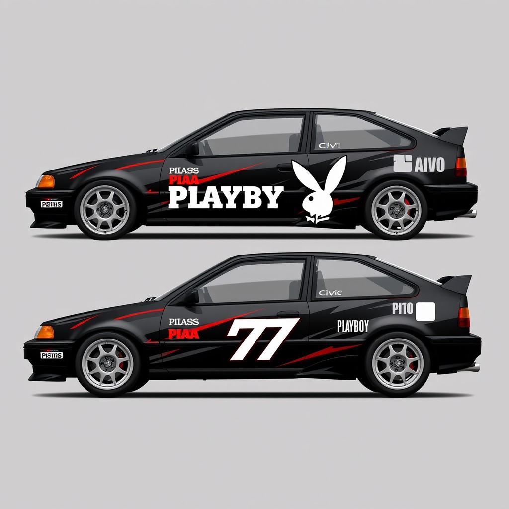 A custom car wrap design for a 1990 Honda Civic (4th generation) featuring a primary theme inspired by Playboy text and logo, integrated seamlessly into a motorsport aesthetic