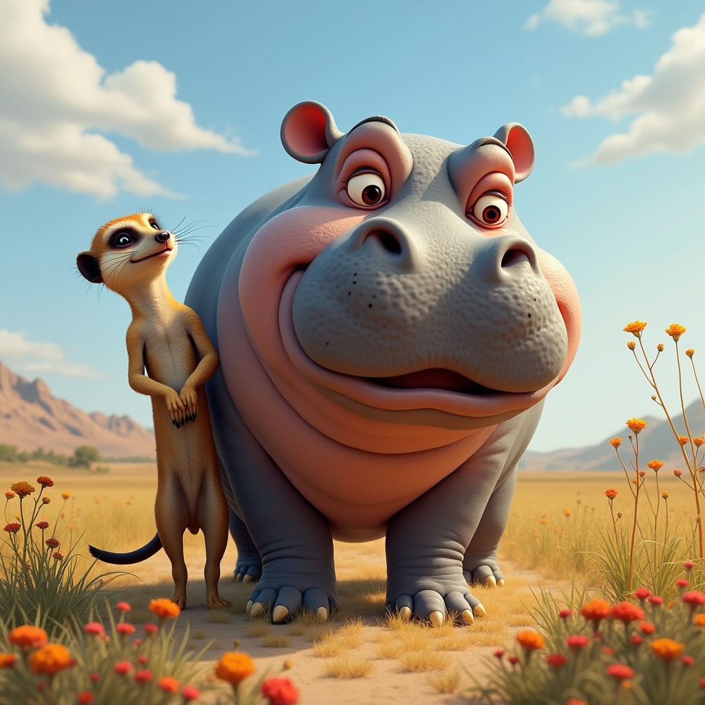 A fantastical creature with three heads: one head of a large, friendly hippopotamus with a broad mouth and big, gentle eyes, another head of a curious meerkat standing upright with alert, bright eyes and a cheerful expression, and a third head that creatively merges features from both, showcasing the hippopotamus's large, rounded shape and the meerkat's playful nature