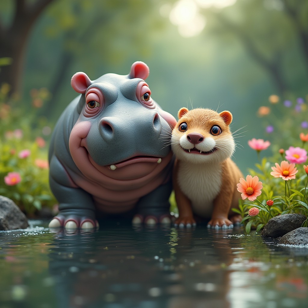 A whimsical creature featuring two heads: one head of a sturdy hippopotamus with its massive jaws and smooth gray skin, and the other head of a playful otter with soft fur and a joyful, mischievous expression
