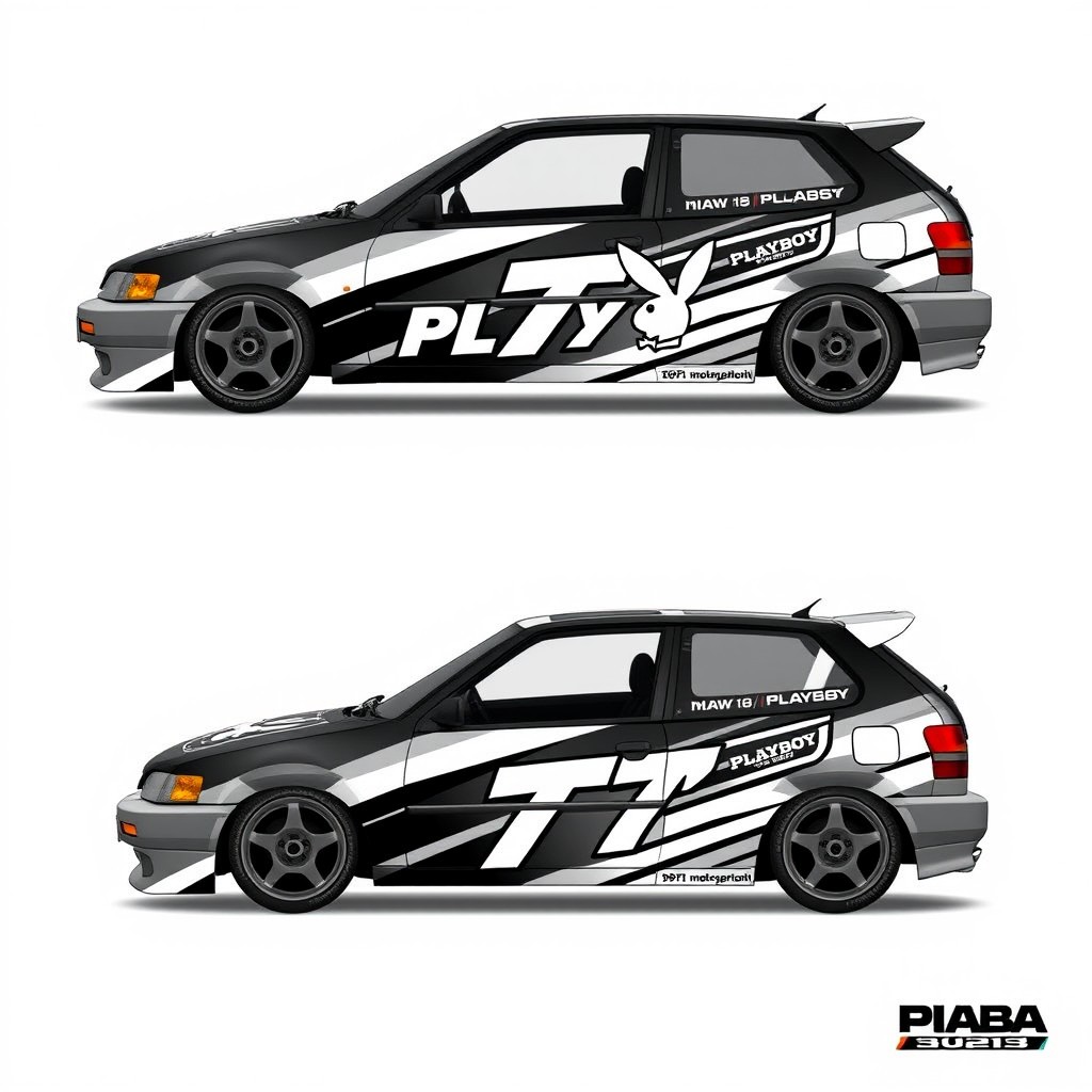 A custom car wrap design for a 1990 Honda Civic Hatchback (4th generation) featuring a prominent Playboy theme, including the Playboy text and logo, designed to reflect a motorsport aesthetic