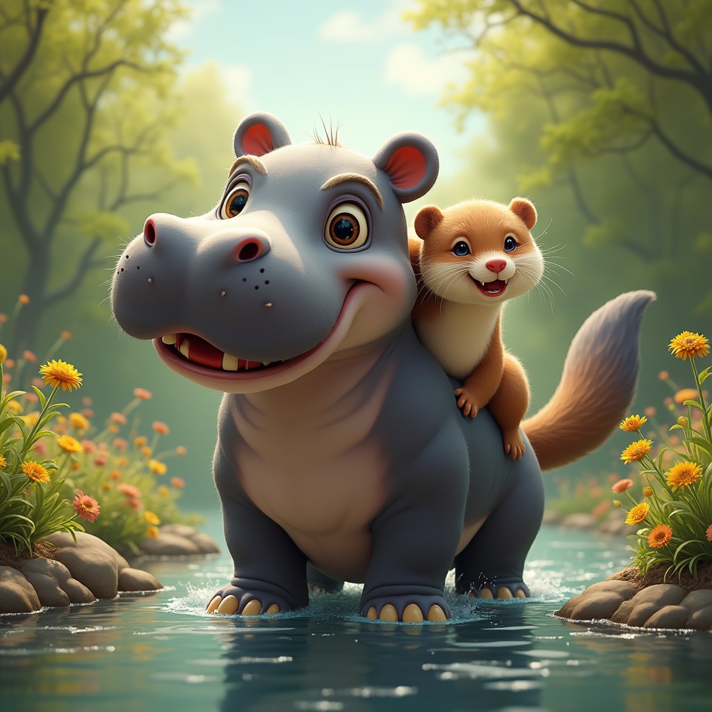 A whimsical and imaginative creature featuring three heads: one head resembling a large, rounded hippopotamus with its distinct large mouth and big eyes, portraying a sense of strength and gentleness; the second head of a playful otter, showcasing its charming features and a joyful expression; and the third head artistically combining elements from both the hippo and the otter, creating a unique and delightful fusion