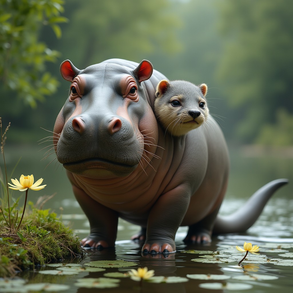A unique creature featuring two heads: one head resembling a large and gentle hippopotamus, characterized by its broad snout and big eyes, and the other head of a playful otter, with cute features and a joyful expression