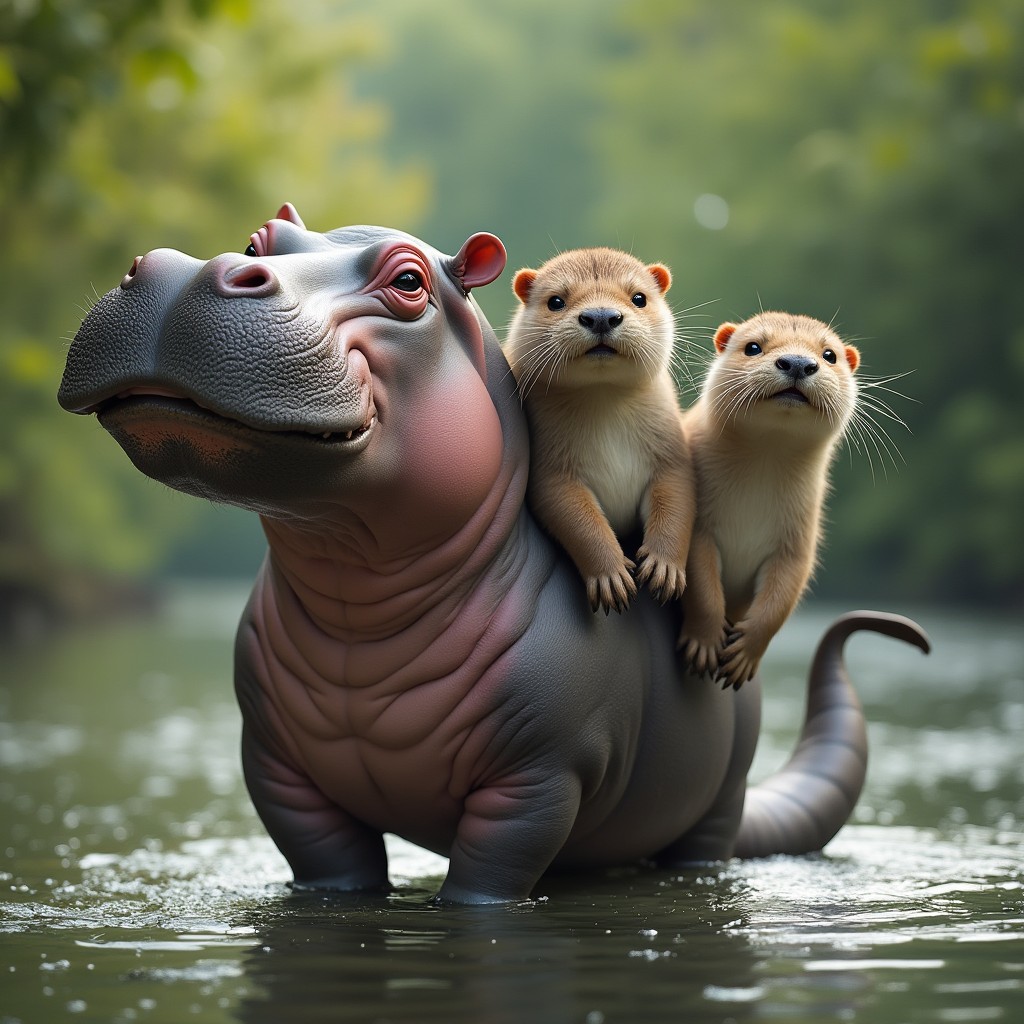 A whimsical creature featuring three heads: one head of a large hippopotamus with its characteristic broad mouth and thick skin, another head of a lively otter with its playful expressions and smooth fur, and a third head that creatively combines elements from both animals, perhaps showcasing a blend of the hippo's robust facial features with the otter's playful characteristics