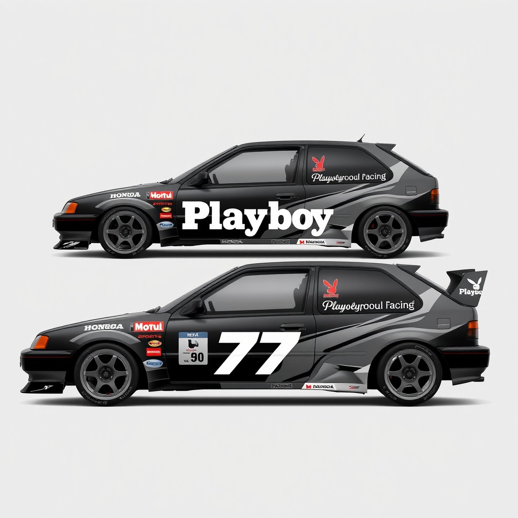 A detailed car wrap design project for a 1990 Honda Civic Hatchback (4th generation) with a primary theme of Playboy text and logo, styled to reflect the aesthetics of motorsport car wraps