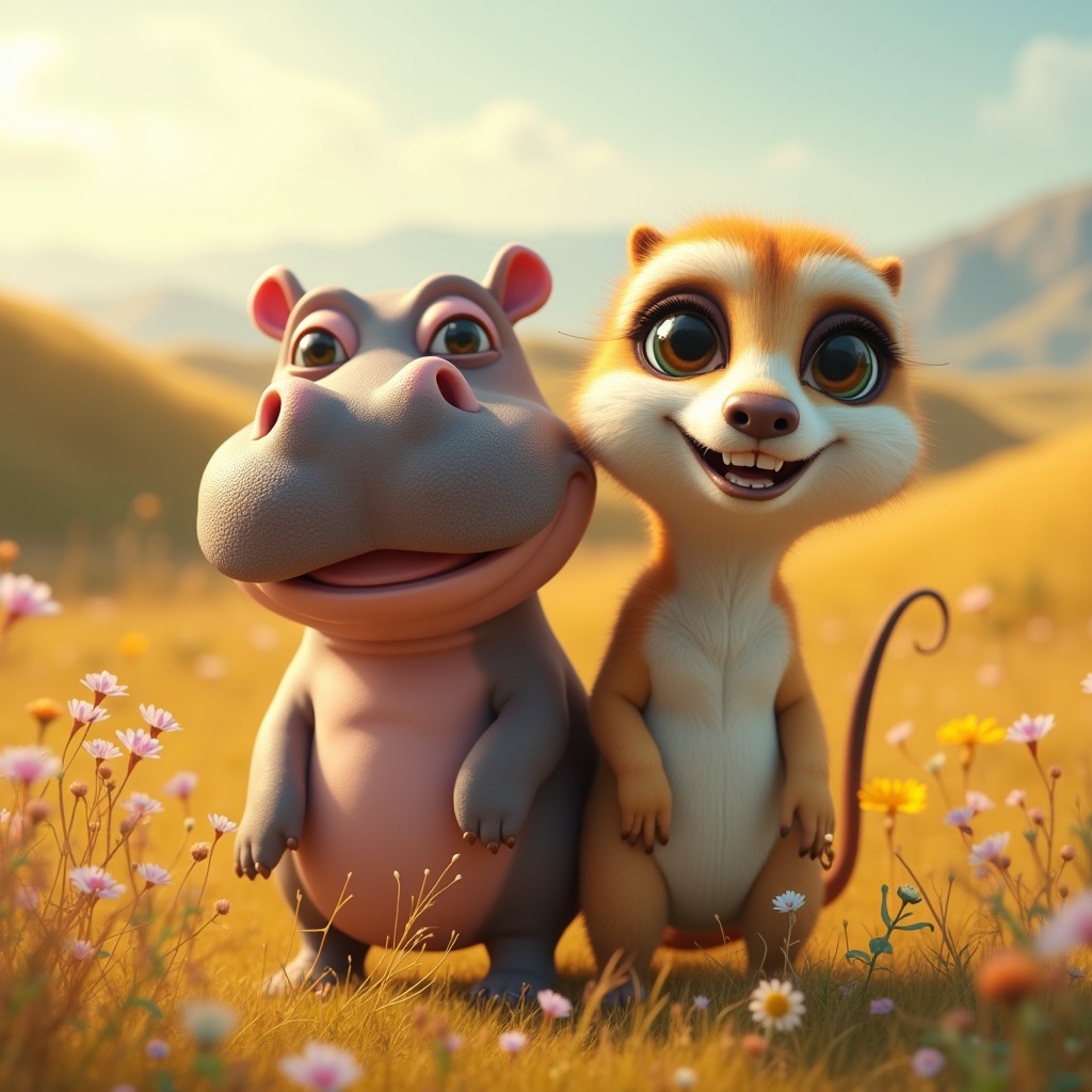 A whimsical creature with two heads: one head of a large hippopotamus featuring its characteristic rounded face and cheerful expression, and the other head of a curious meerkat with bright, inquisitive eyes and a charming smile