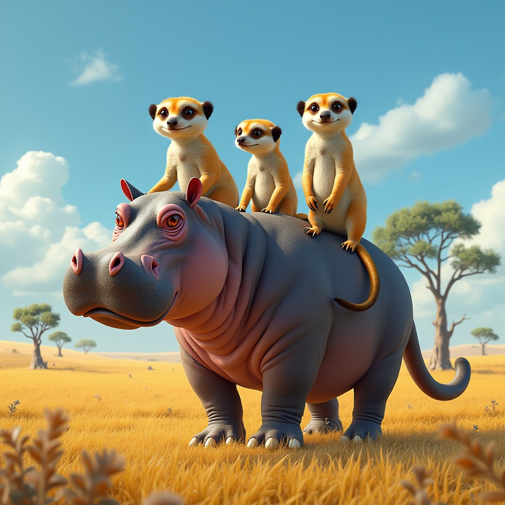 A fantastical creature featuring three heads: one head of a large, sturdy hippopotamus with its broad mouth and expressive eyes, another head of an alert meerkat with a slender face and curious gaze, and a third head that creatively merges elements of both animals, showcasing the hippo's strength and the meerkat's agility